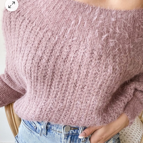 Carino Dusty Purple Off-the-Shoulder Fuzzy Cropped Sweater - Picture 3 of 6